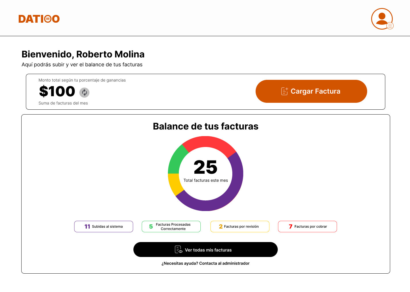 Datioo dashboard showing invoice balance and tracking